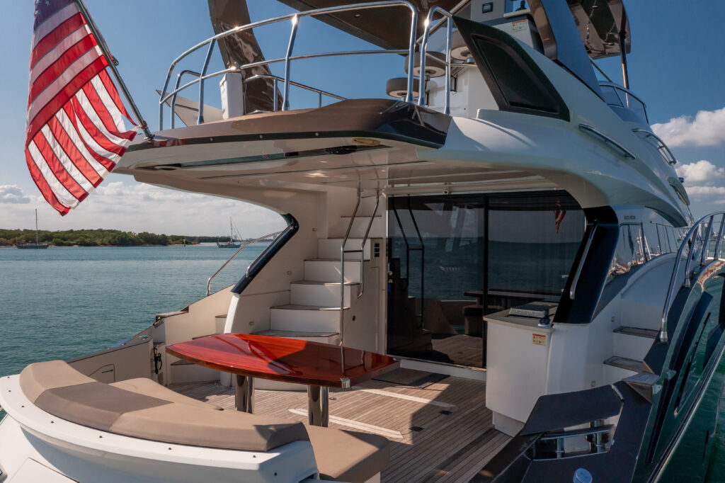 Spacious sun deck on 66 foot Marquis yacht charter Miami