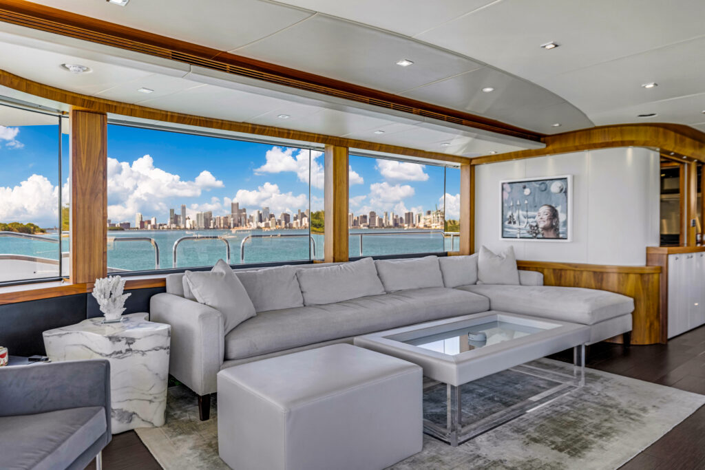 Chic salon with panoramic windows aboard 96 Sunseeker luxury yacht