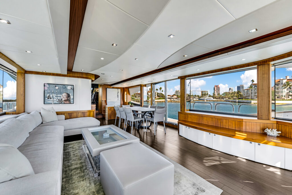 Chic salon with panoramic windows aboard 96 Sunseeker luxury yacht