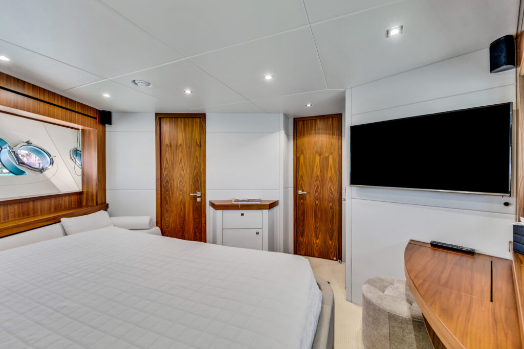 Elegant stateroom interior 96 foot Sunseeker yacht Miami charter