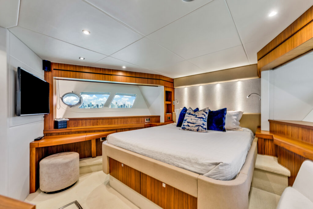 Elegant stateroom interior 96 foot Sunseeker yacht Miami charter