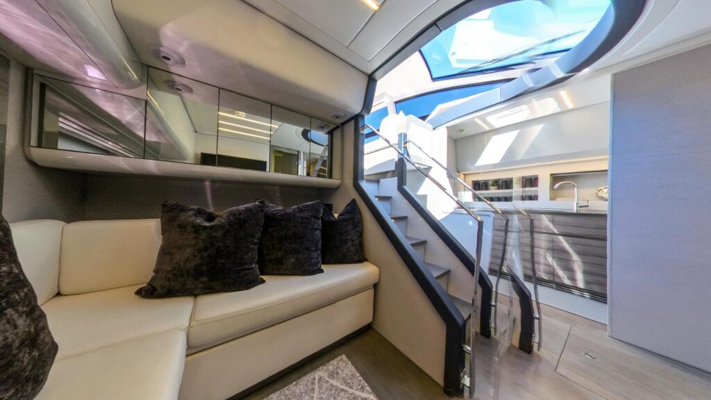 Modern bright salon interior aboard 62 Pershing luxury yacht