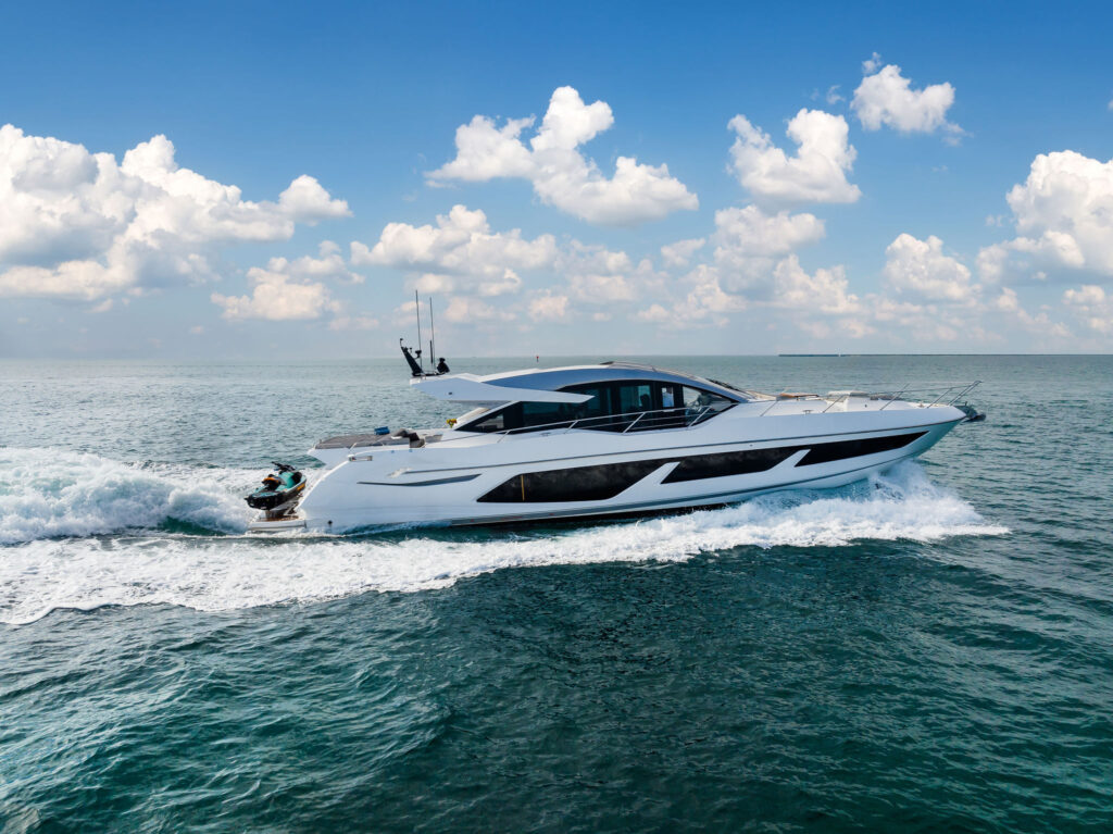 Sleek 2023 Sunseeker Predator yacht exterior showcasing sporty design and expansive deck spaces Miami