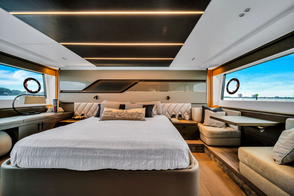 Elegant master stateroom with premium finishes and natural light on 74-foot Sunseeker luxury yacht